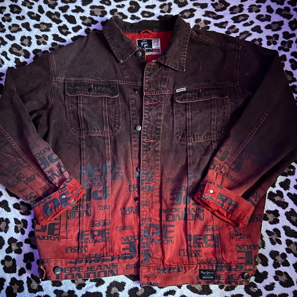 Pepe Jeans Men's Red and Burgundy  Denim Graphic Jacket